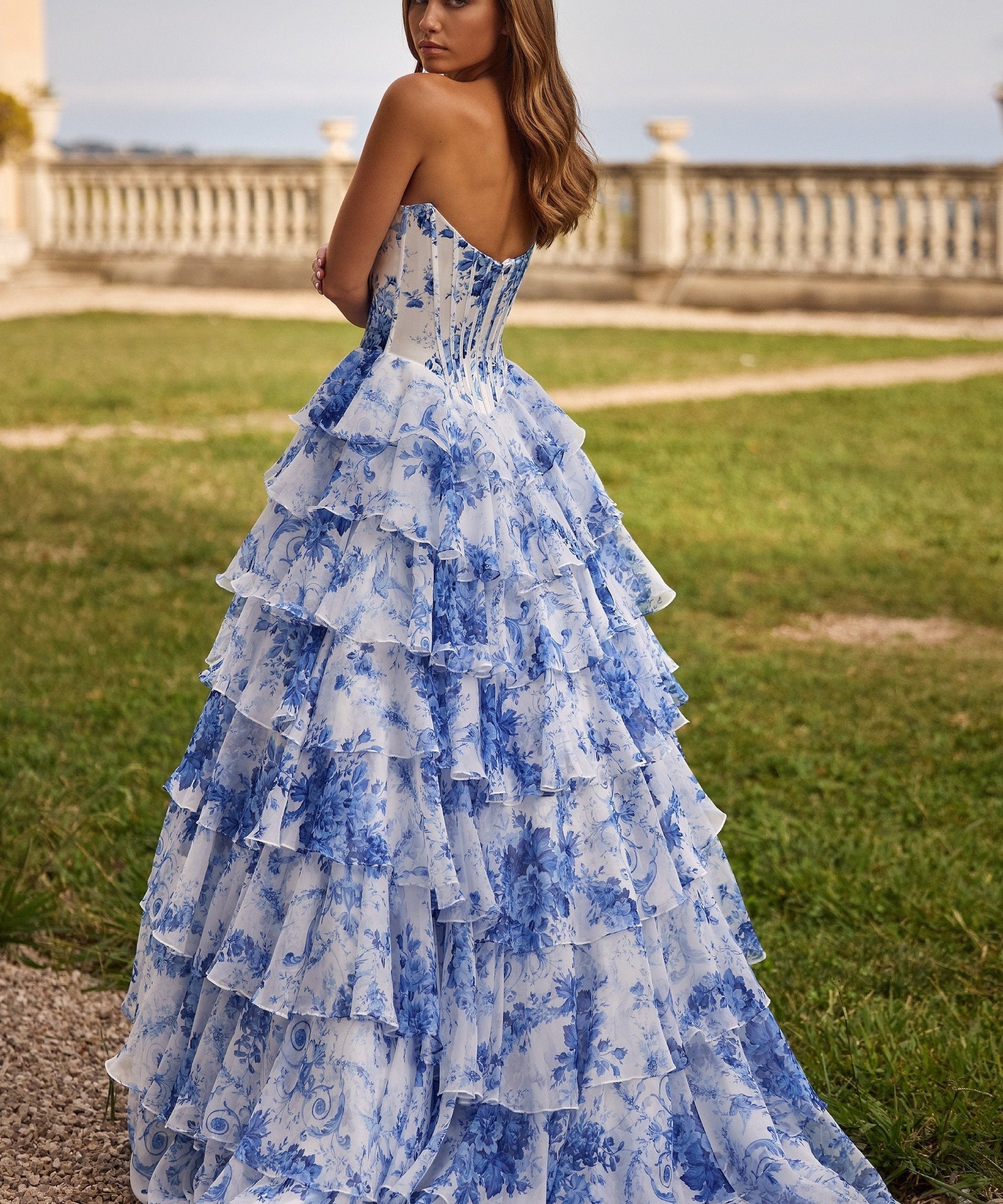 Vestido de Gala Sereia Floral Azul